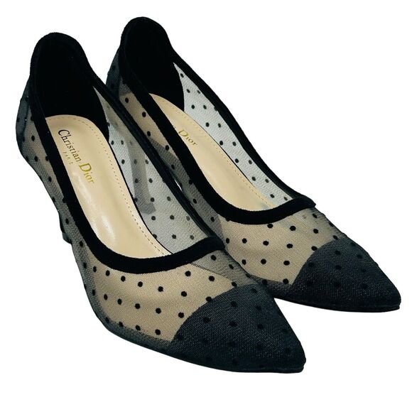 Christian Dior D-Moi Heels Black Polka Dot Mesh Pointed Toe Size 37/7 - Picture 1 of 15